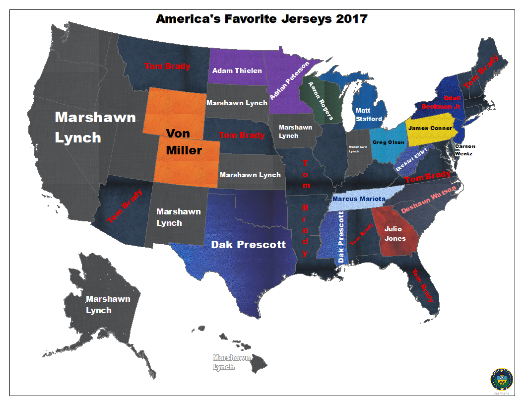 A map of the best selling NFL jersey in each state. Russell Wilson